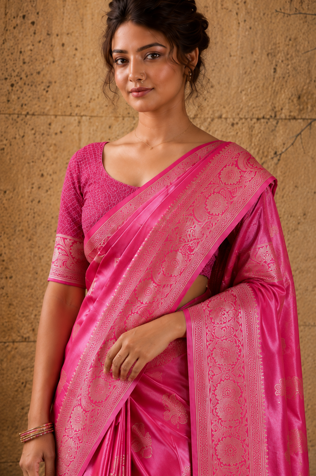Rani Pink Banarasi Satin Silk Rich Pallu Saree with Silver Zari Weaving Detailing