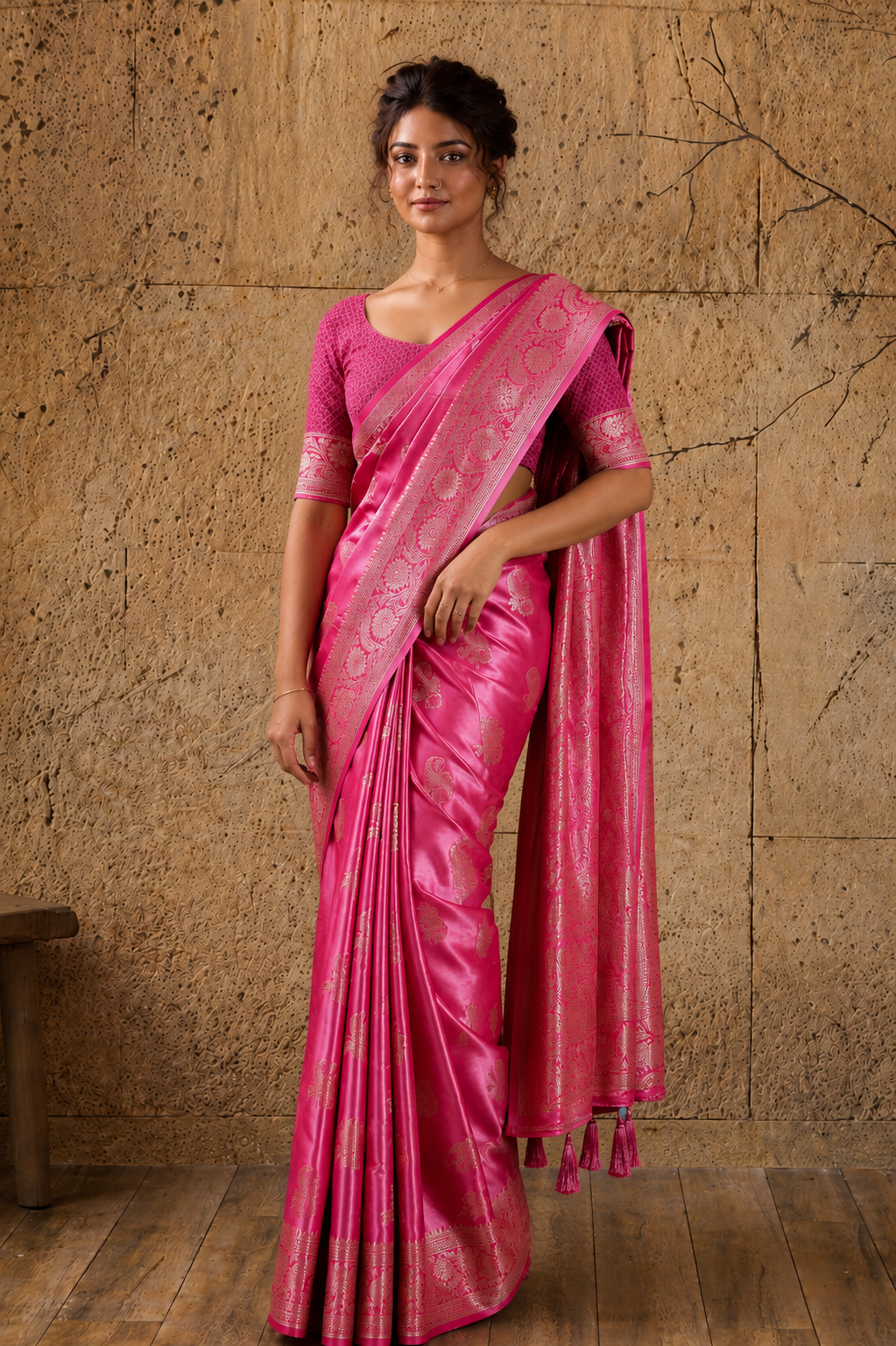 Rani Pink Banarasi Satin Silk Rich Pallu Saree with Silver Zari Weaving Detailing