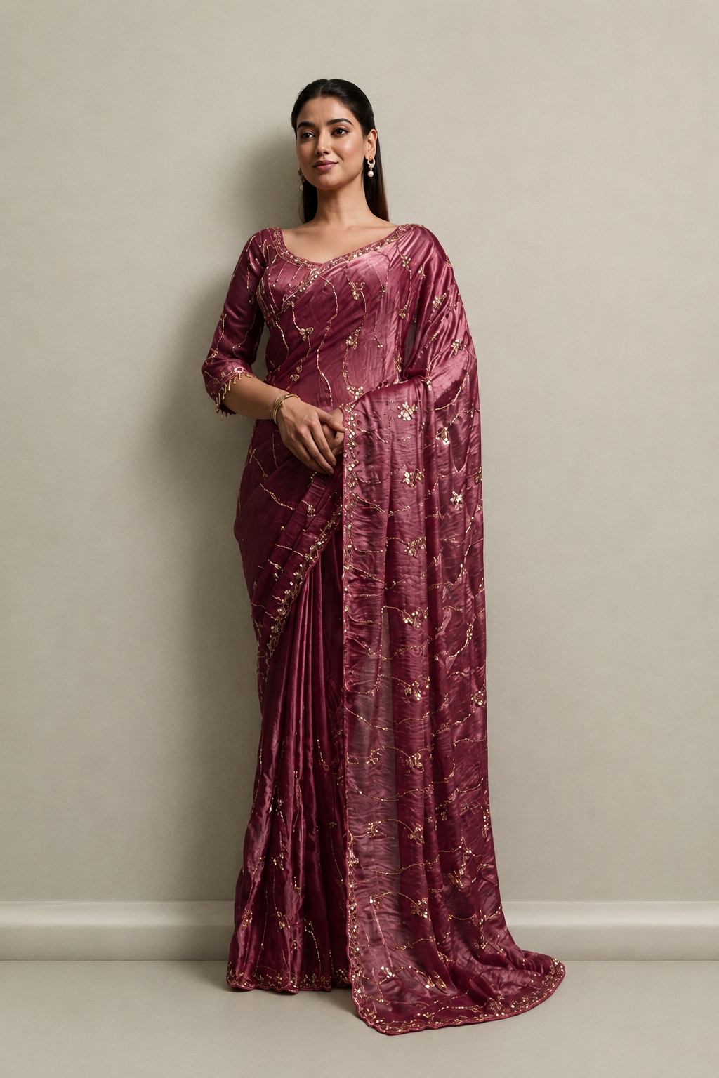 Rose Pink Organza Saree with Hand Embroidery with Stitched Blouse