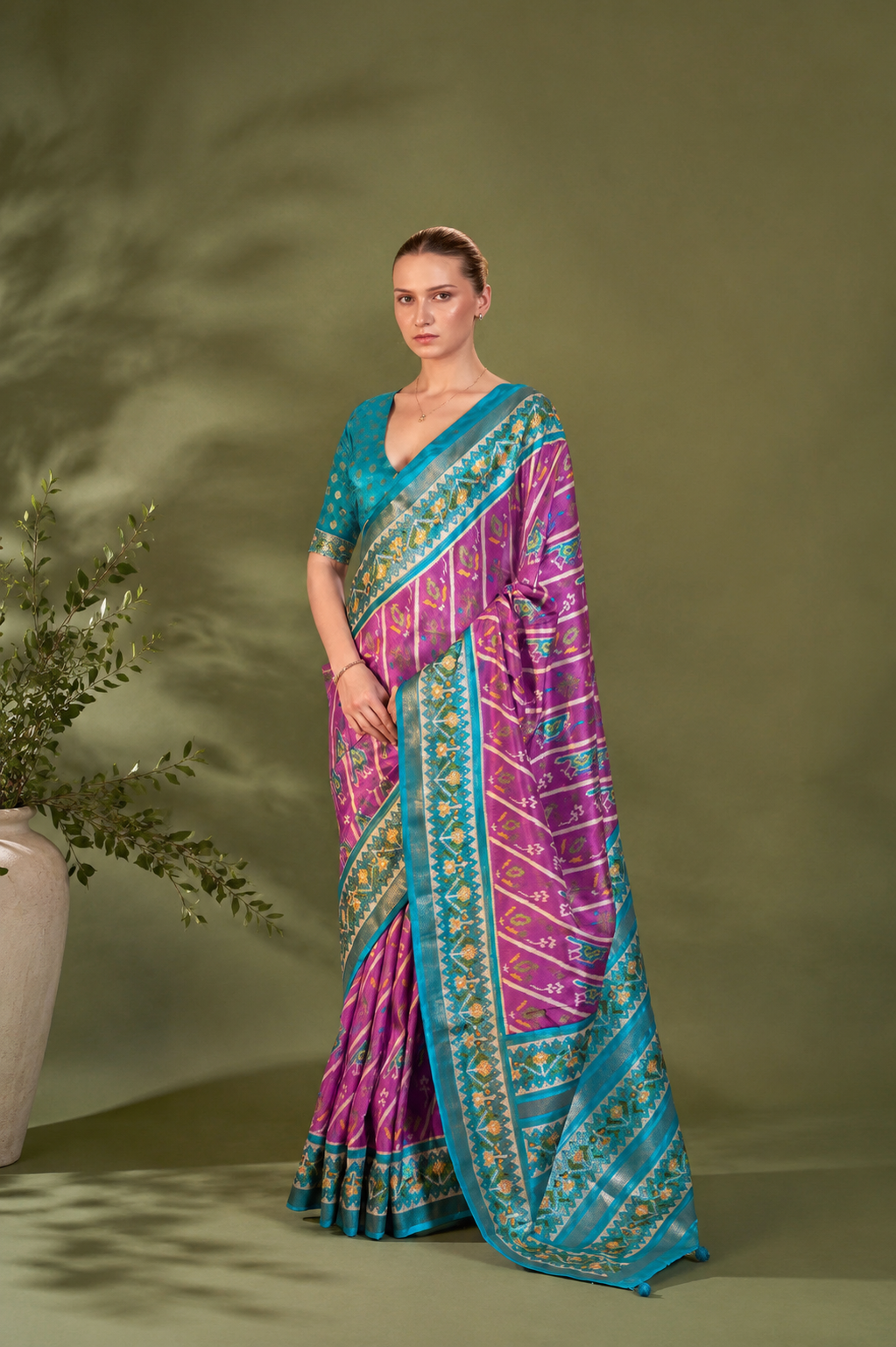 Mulberry-Pink Viscose Silk Saree with Printed Patola Design