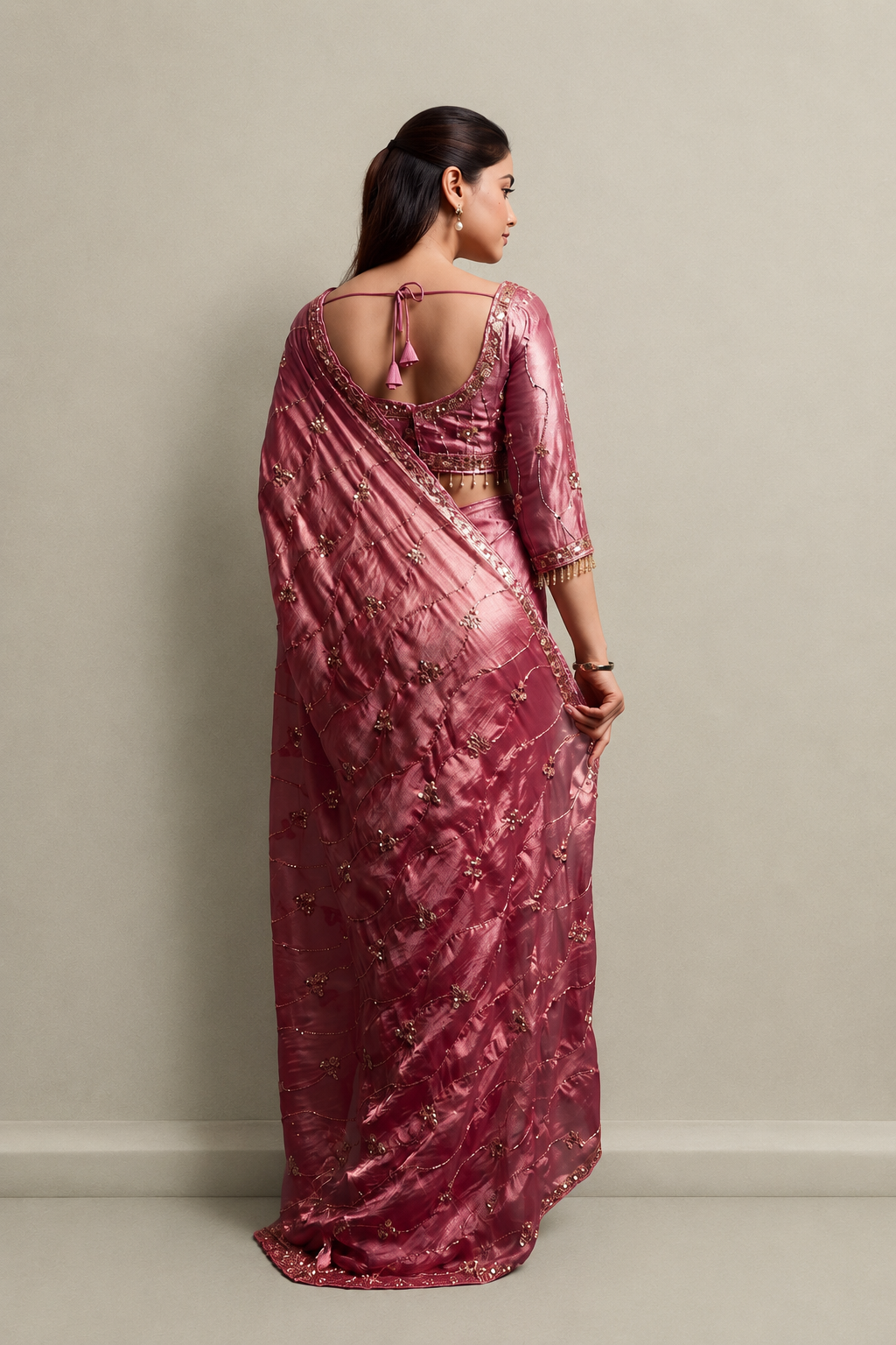 Rose Pink Organza Saree with Hand Embroidery with Stitched Blouse