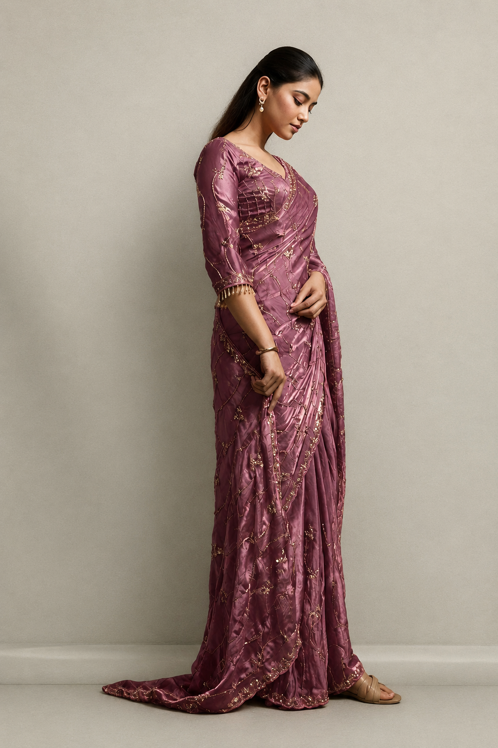 Rose Pink Organza Saree with Hand Embroidery with Stitched Blouse