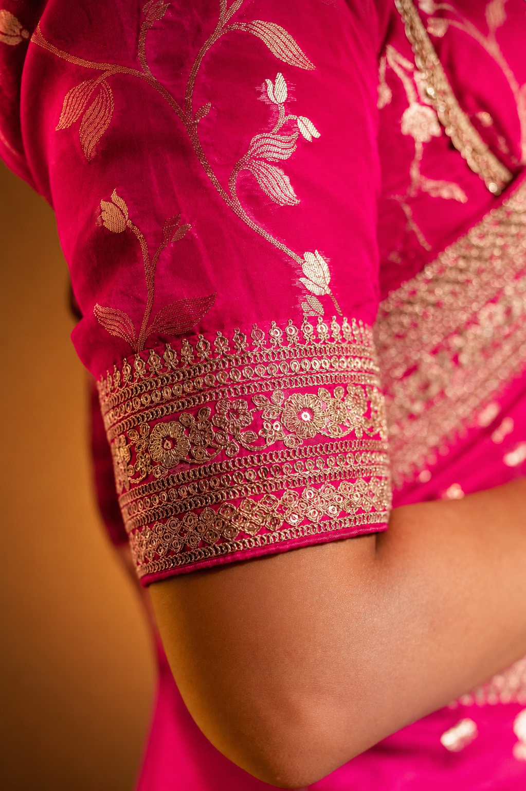 Fushcia Rani Pink Silk Saree with Golden Buti Work and Rich Zari Border