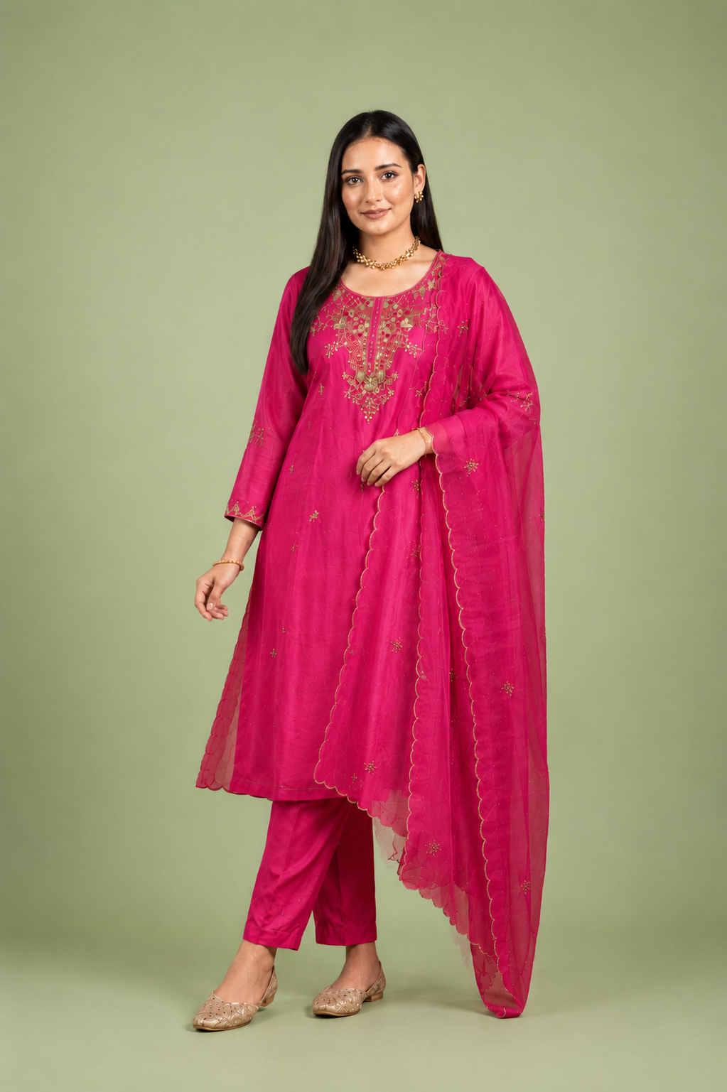 Rani Pink Crepe Silk Straight Kurta with Straight Pant and Hand-Embroidered Sequin Work