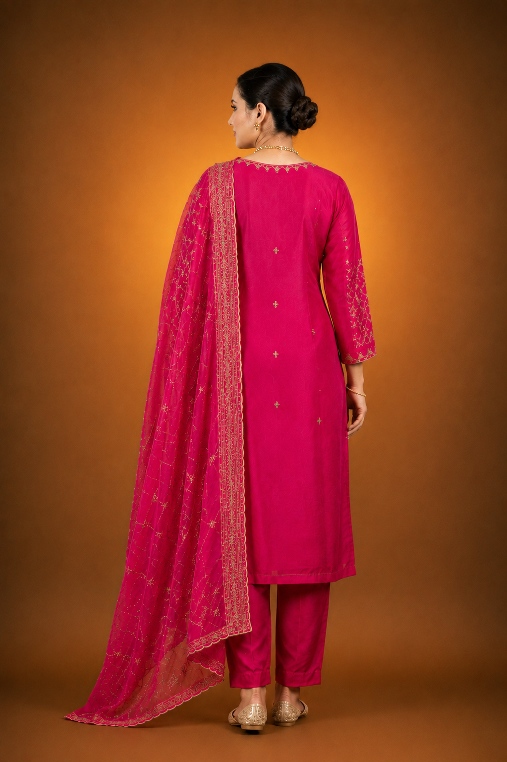 Rani Pink Crepe Silk Straight Kurta with Straight Pant and Hand-Embroidered Sequin Work