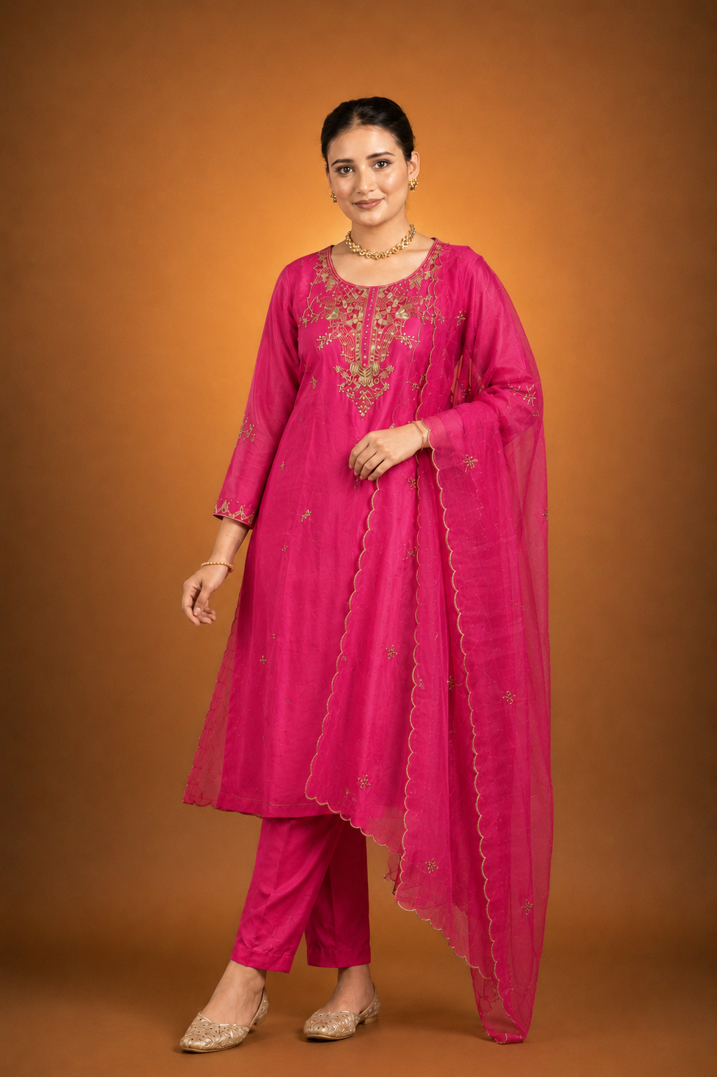 Rani Pink Crepe Silk Straight Kurta with Straight Pant and Hand-Embroidered Sequin Work
