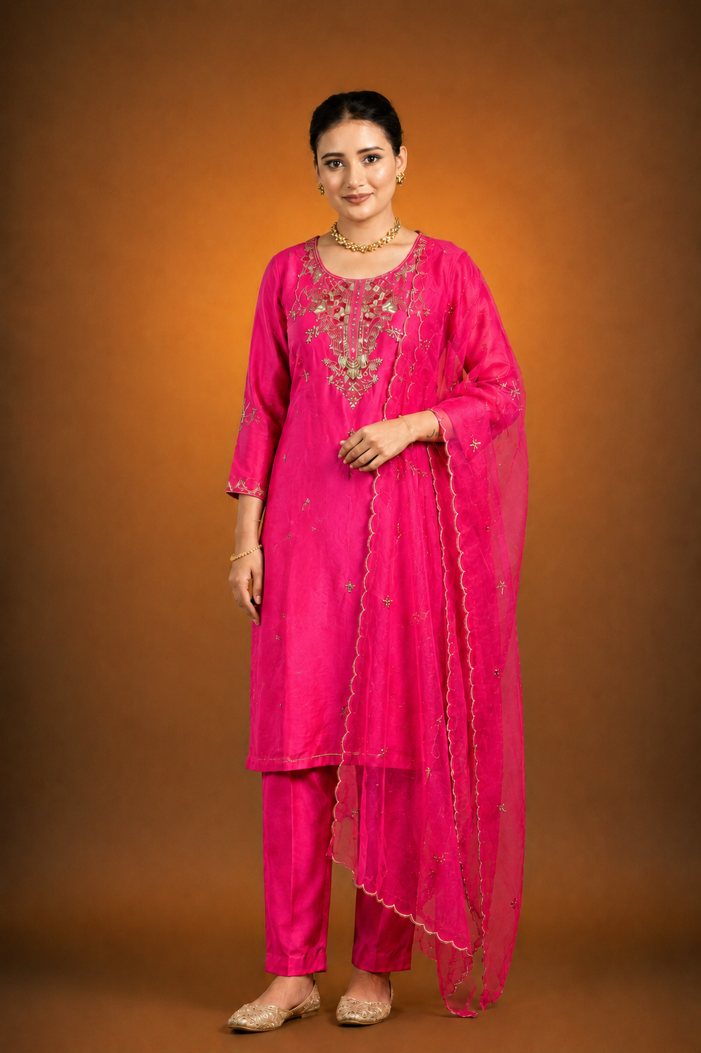 Rani Pink Crepe Silk Straight Kurta with Straight Pant and Hand-Embroidered Sequin Work