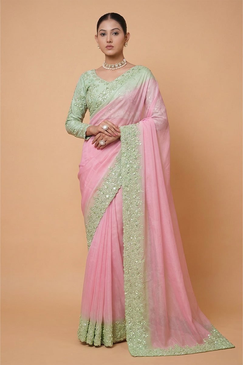 Blush Pink Georgette Saree with Mint Green Embroidered Border