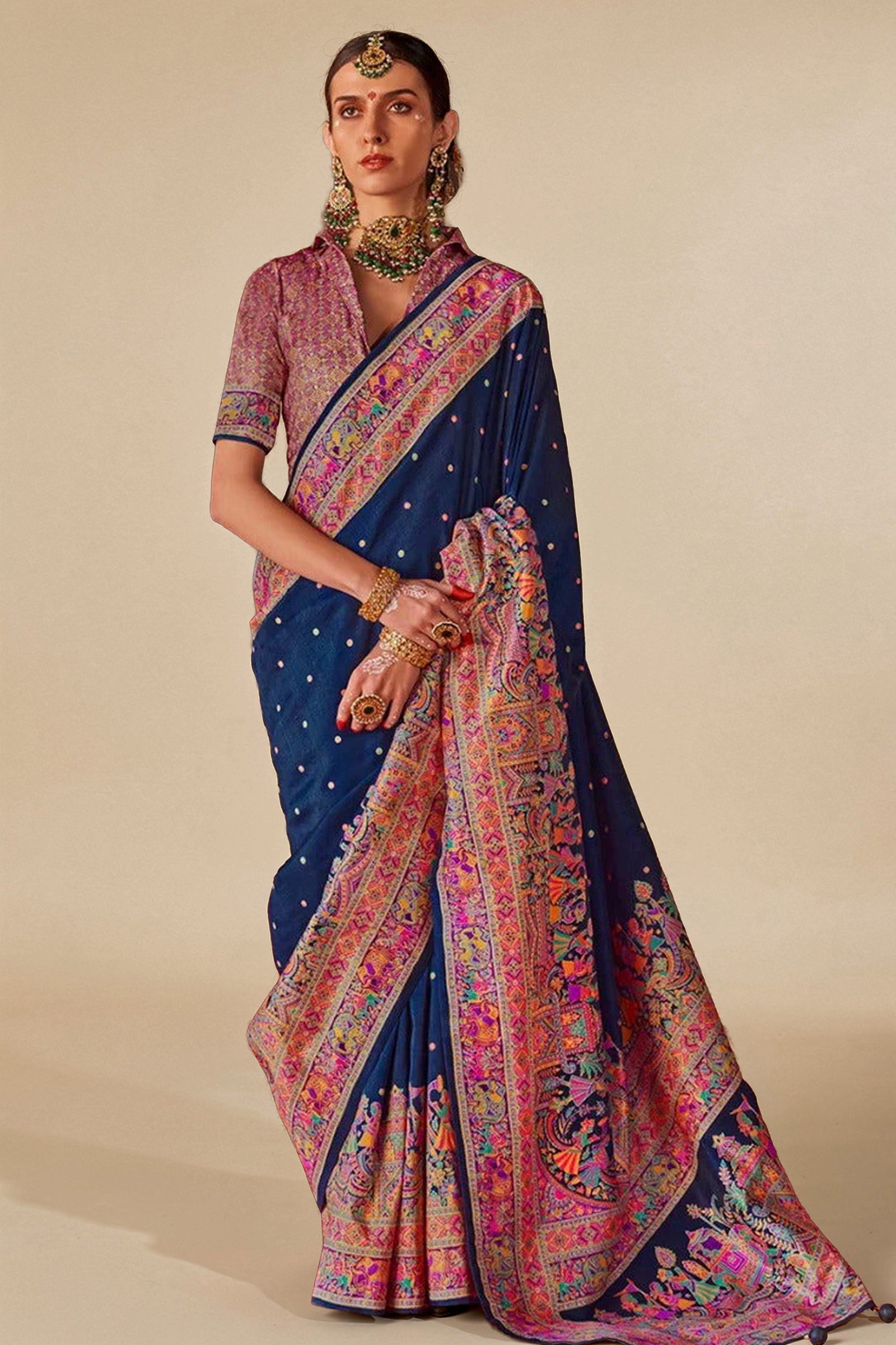Dark Navy Blue Raw Silk Saree with Heritage Prints