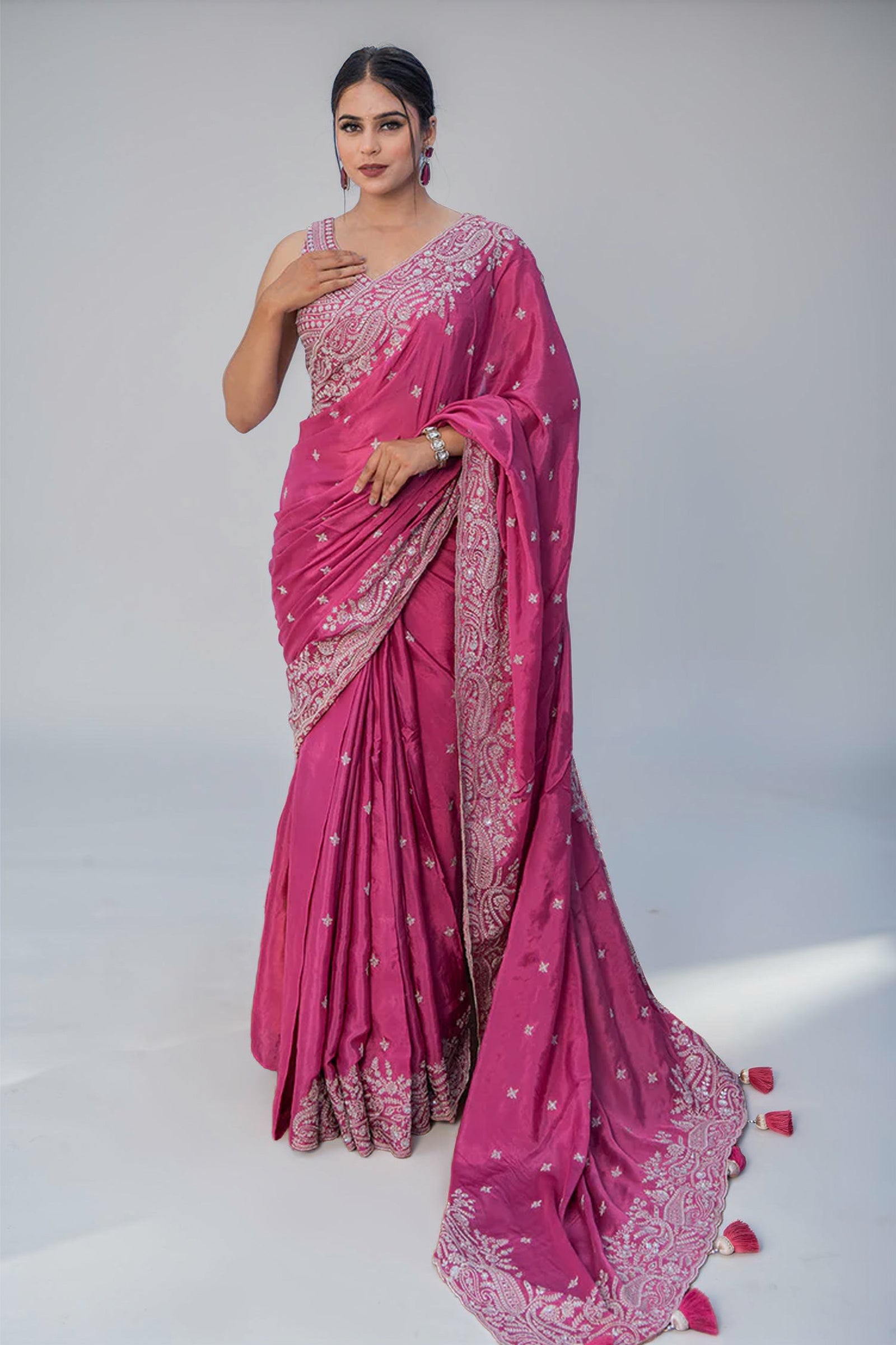 Two Blouse Concept –  Rose Pink Crepe Silk Saree with Sequin and Zari Work