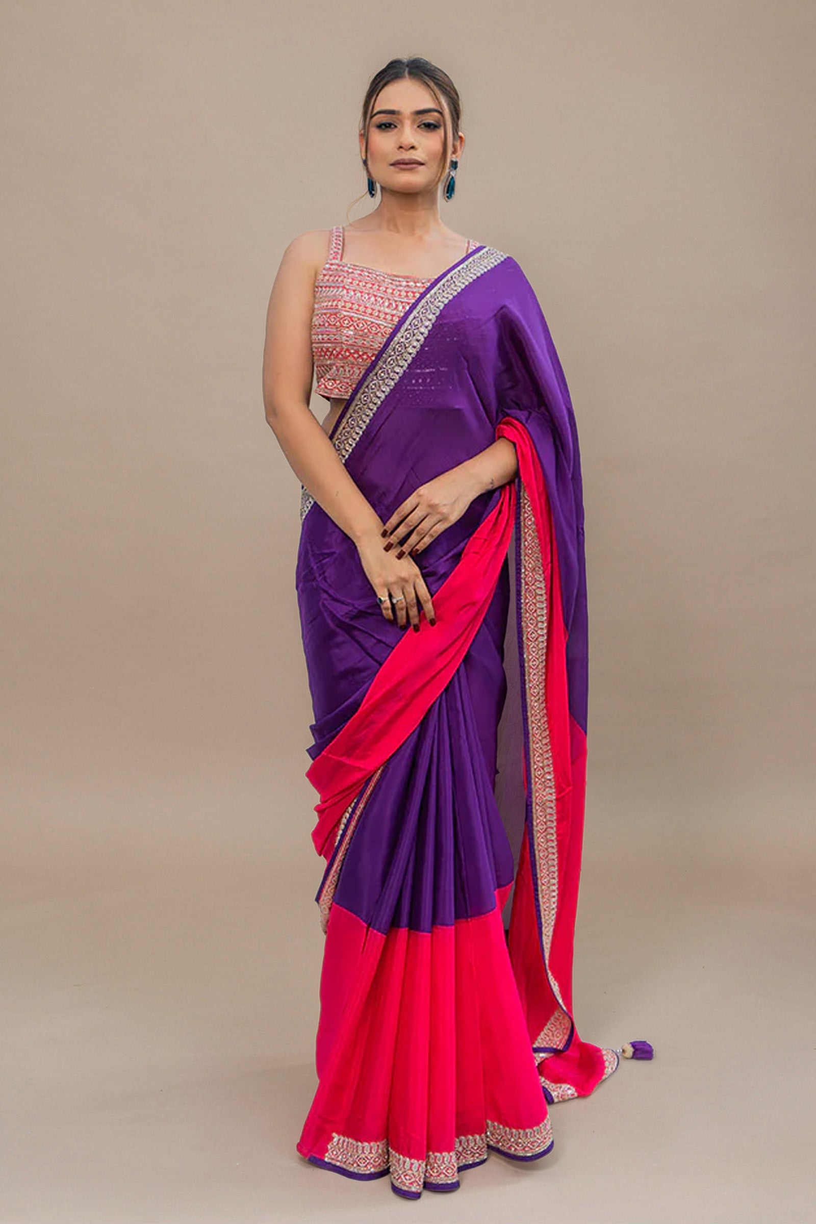 Two Blouse Concept – Purple Pink Tween shade Georgette Saree with Sequin Border Work