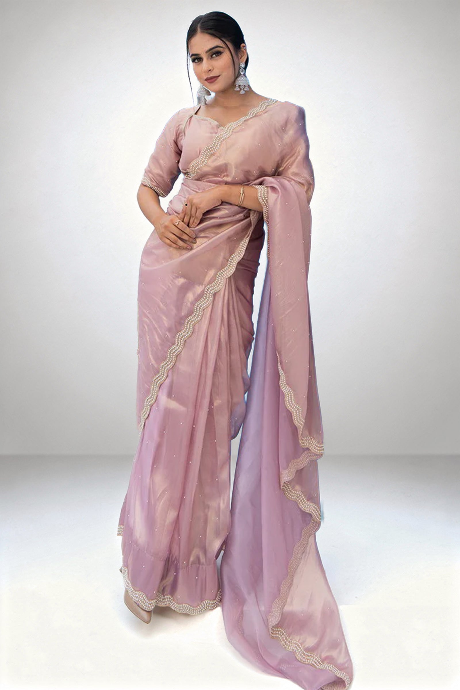Rose Gold Shimmer Organza Saree with Pearl and Sequin Work