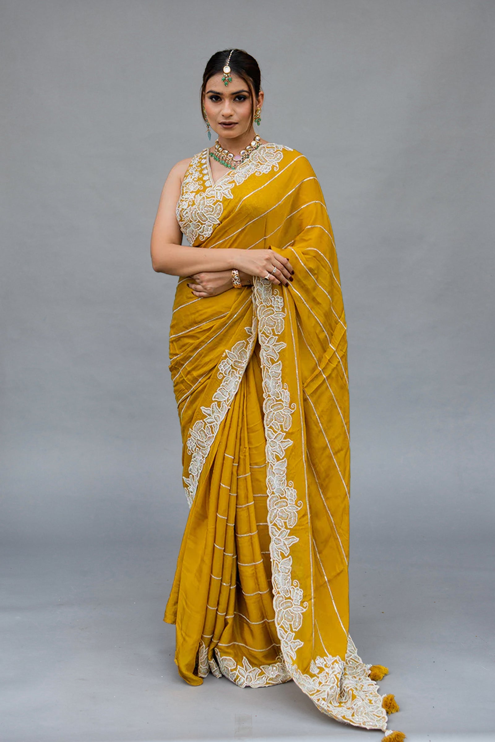 Two Blouse Concept – Marigold Yellow Designer Georgette Saree with White and Silver Embroidery