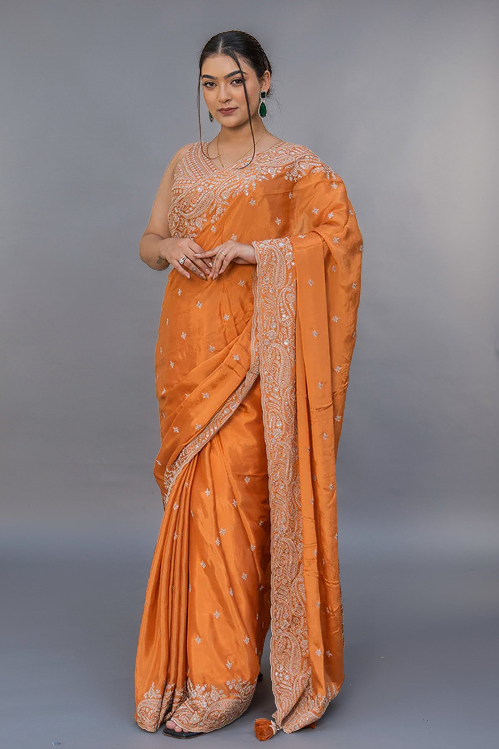 Two Blouse Concept – Rust Orange Crepe Silk Saree with Sequin and Zari Work