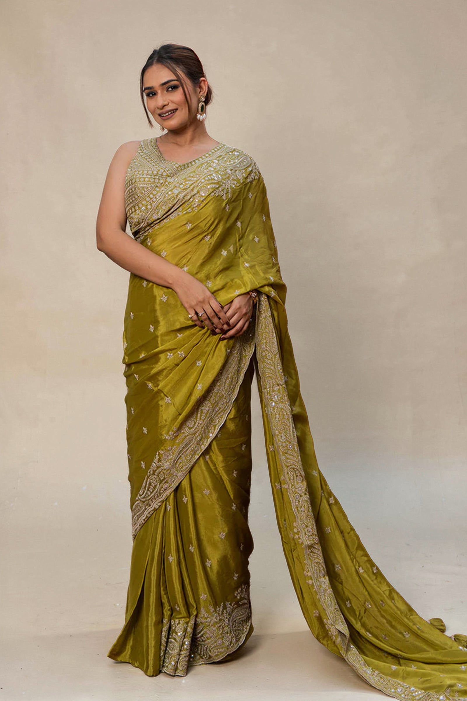 Two Blouse Concept – Mehendi Green Crepe Silk Saree with Sequin and Zari Work