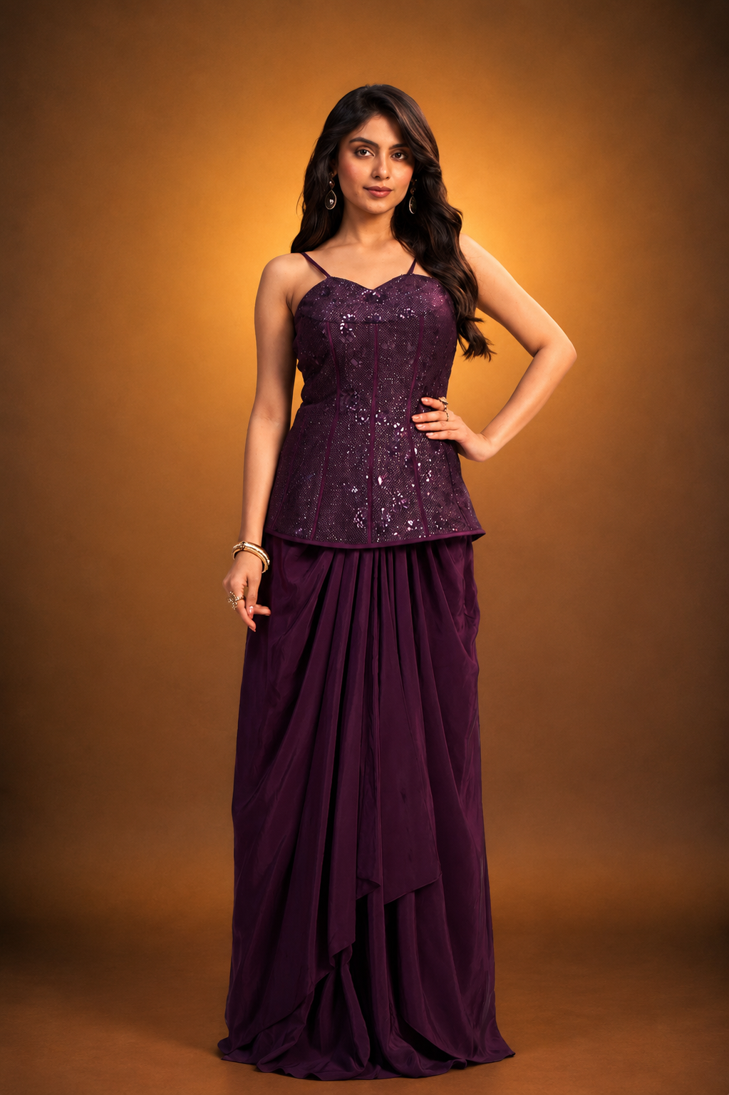 Wine Crepe Silk Ready-to-Wear Drape Saree with Hand-Embroidered Sequin Corset Top