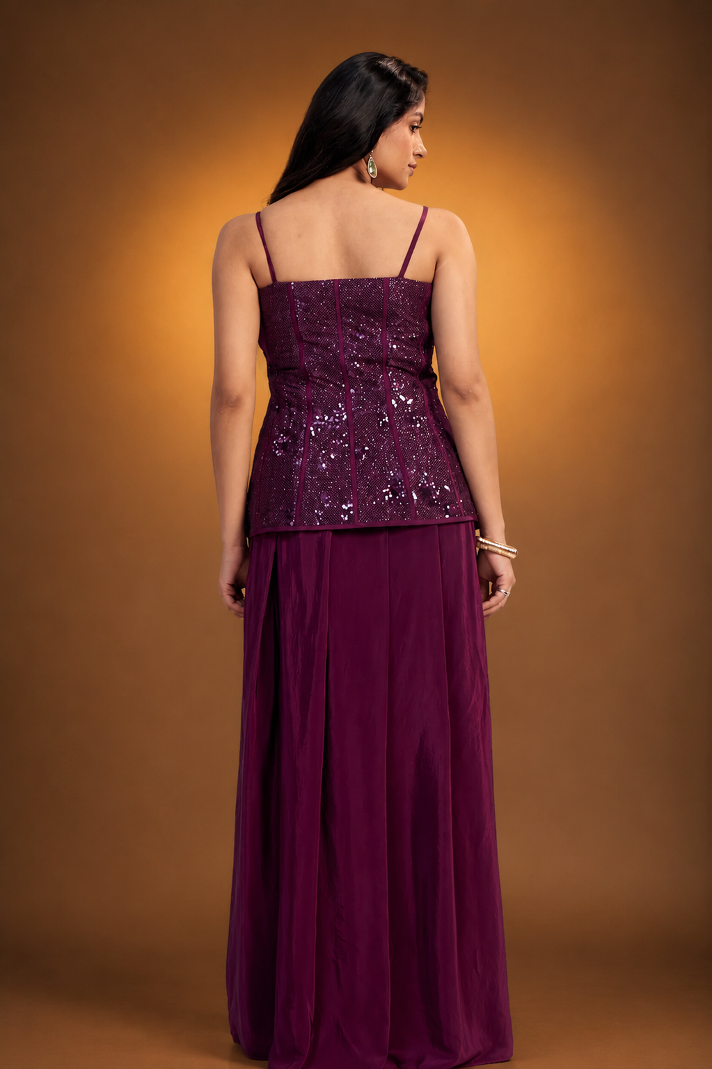 Wine Crepe Silk Ready-to-Wear Drape Saree with Hand-Embroidered Sequin Corset Top