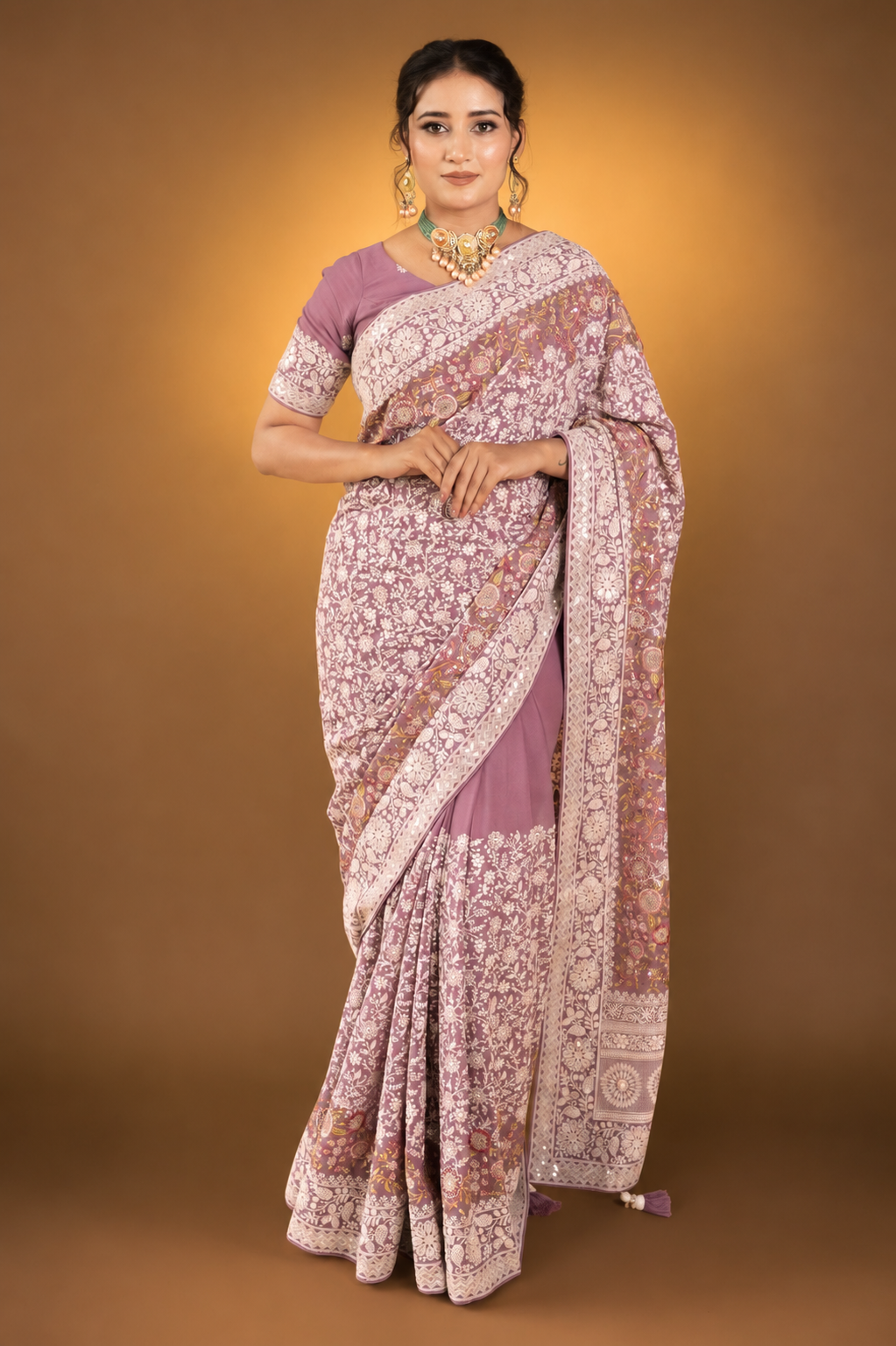 Lavender Purple Lucknowi Georgette Saree with Beautiful Tassels and Zari Work