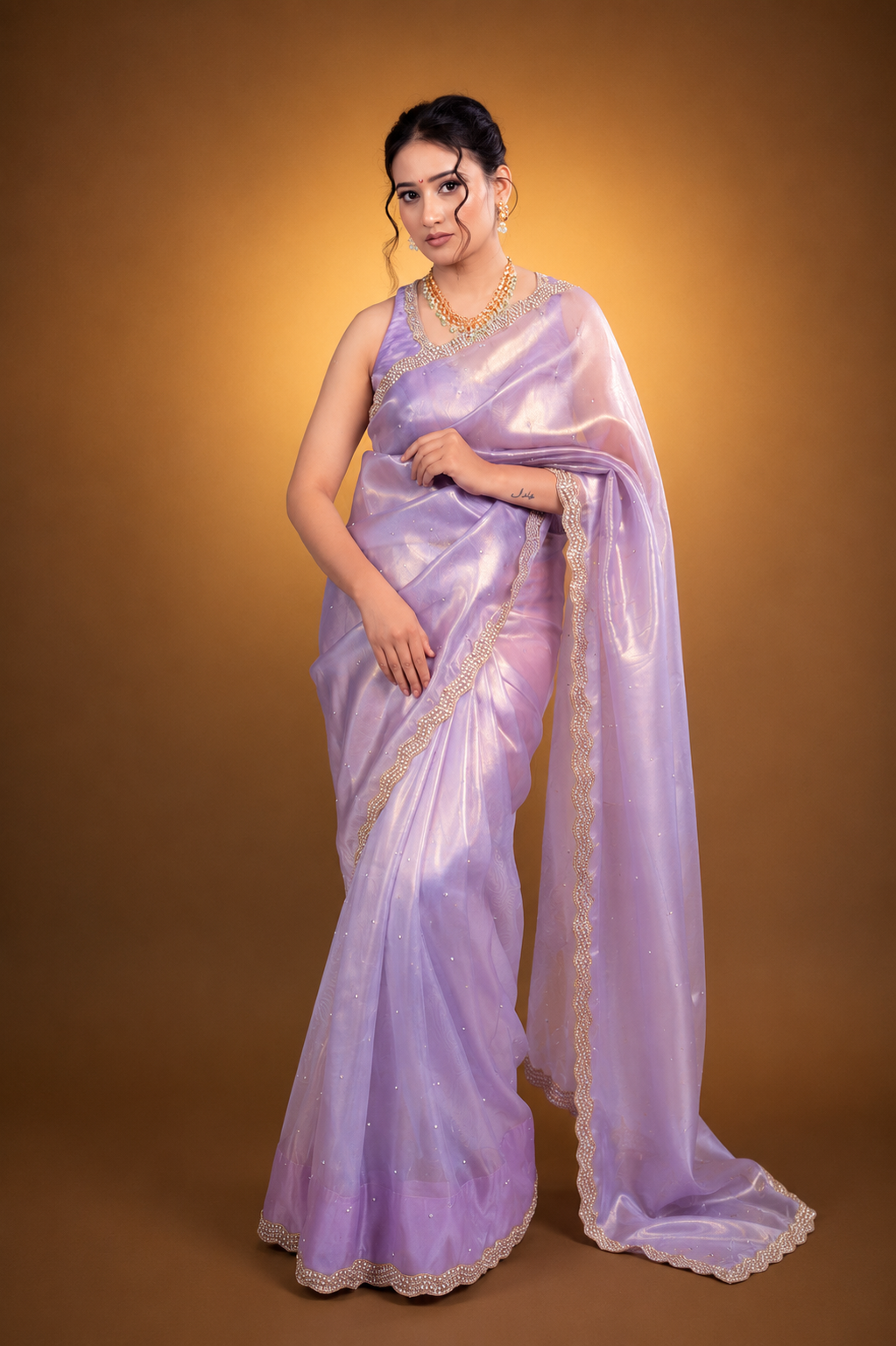 Lavender purple Organza Shimmer saree with pearl and sequin border