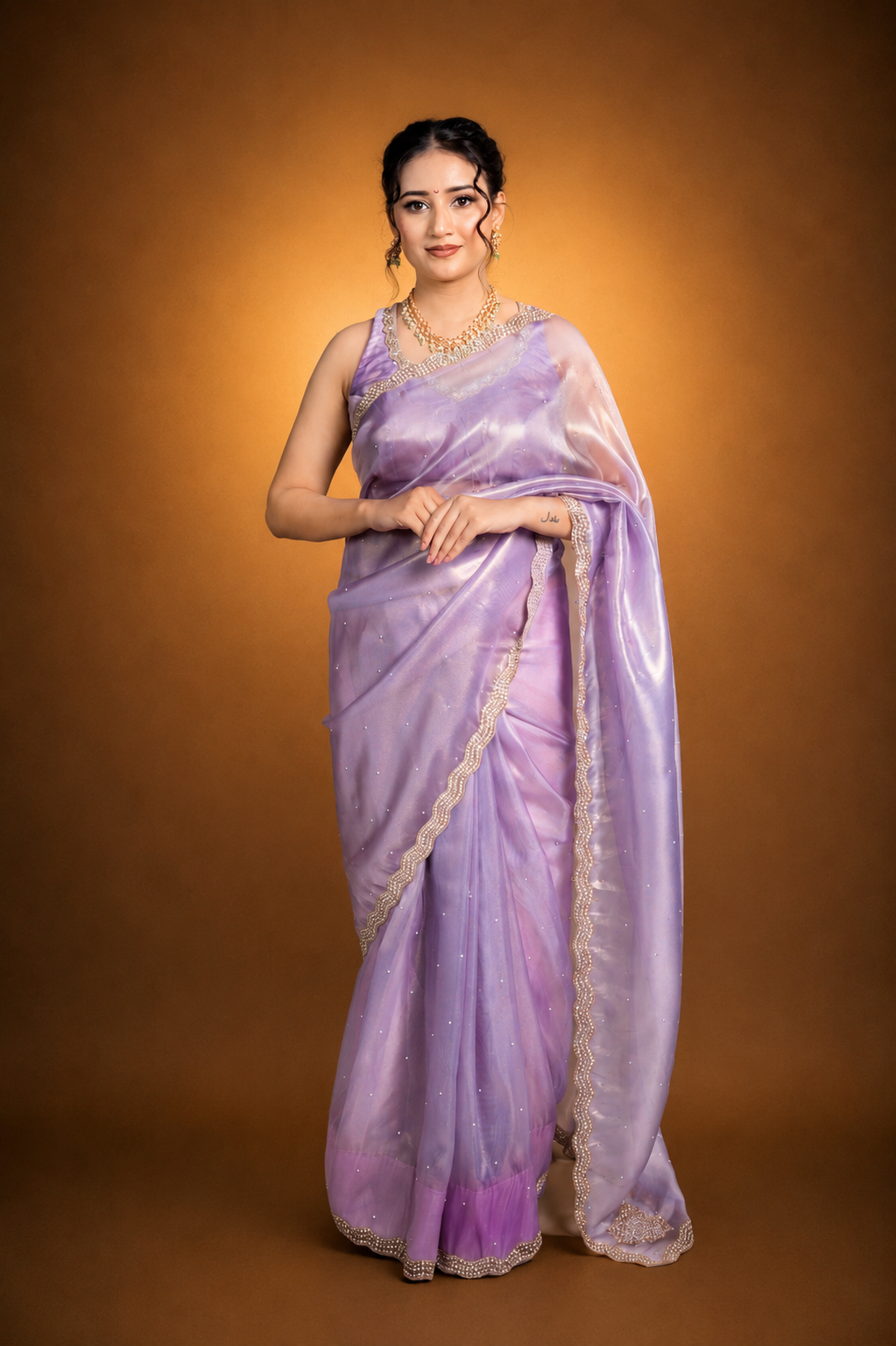 Lavender purple Organza Shimmer saree with pearl and sequin border