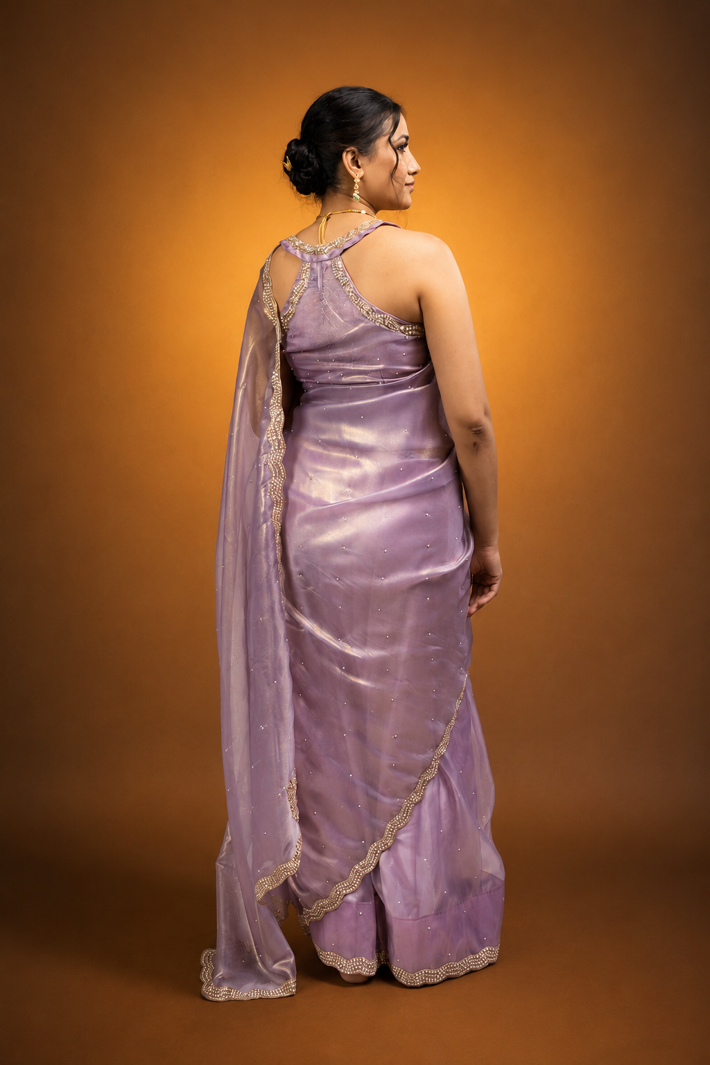 Lavender purple Organza Shimmer saree with pearl and sequin border