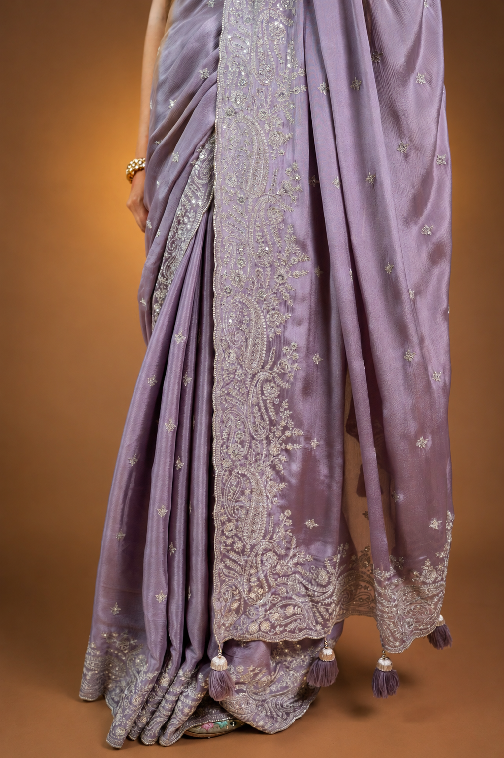 Two Blouse Concept – Lavender Purple Crepe Silk Saree with Sequin and Zari Work
