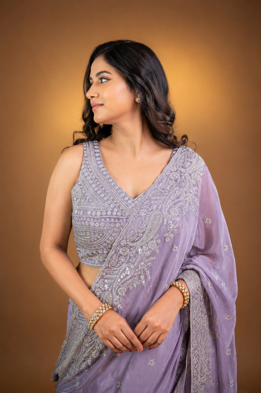 Two Blouse Concept – Lavender Purple Crepe Silk Saree with Sequin and Zari Work