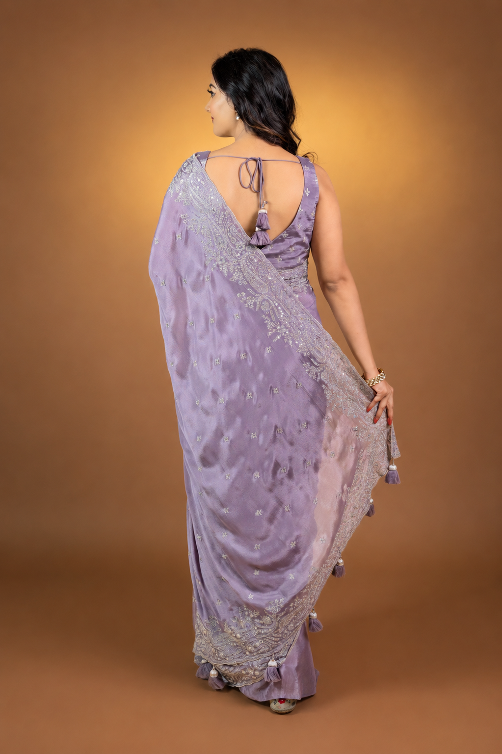 Two Blouse Concept – Lavender Purple Crepe Silk Saree with Sequin and Zari Work