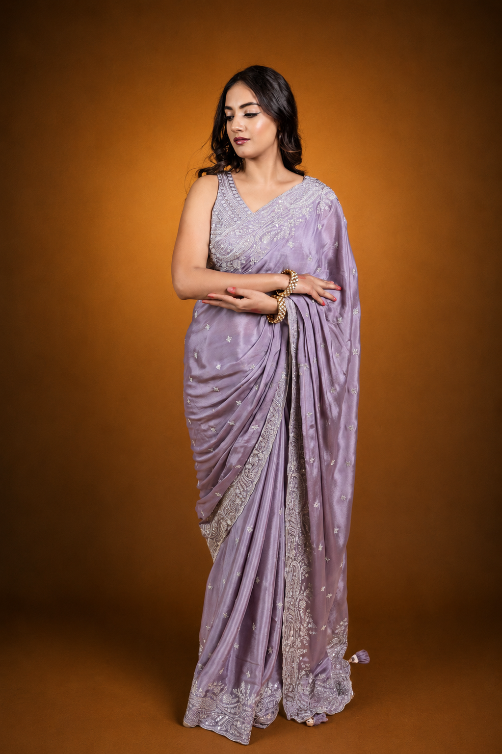 Two Blouse Concept – Lavender Purple Crepe Silk Saree with Sequin and Zari Work