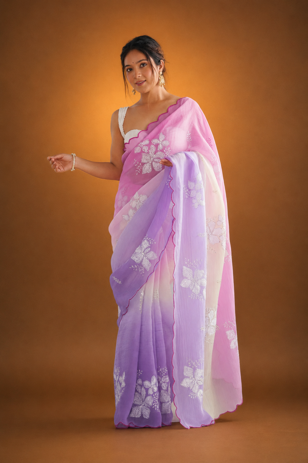 Peach Purple Pastel Shaded Chinon Silk Saree with Sequin Embroidery & Khatli Border
