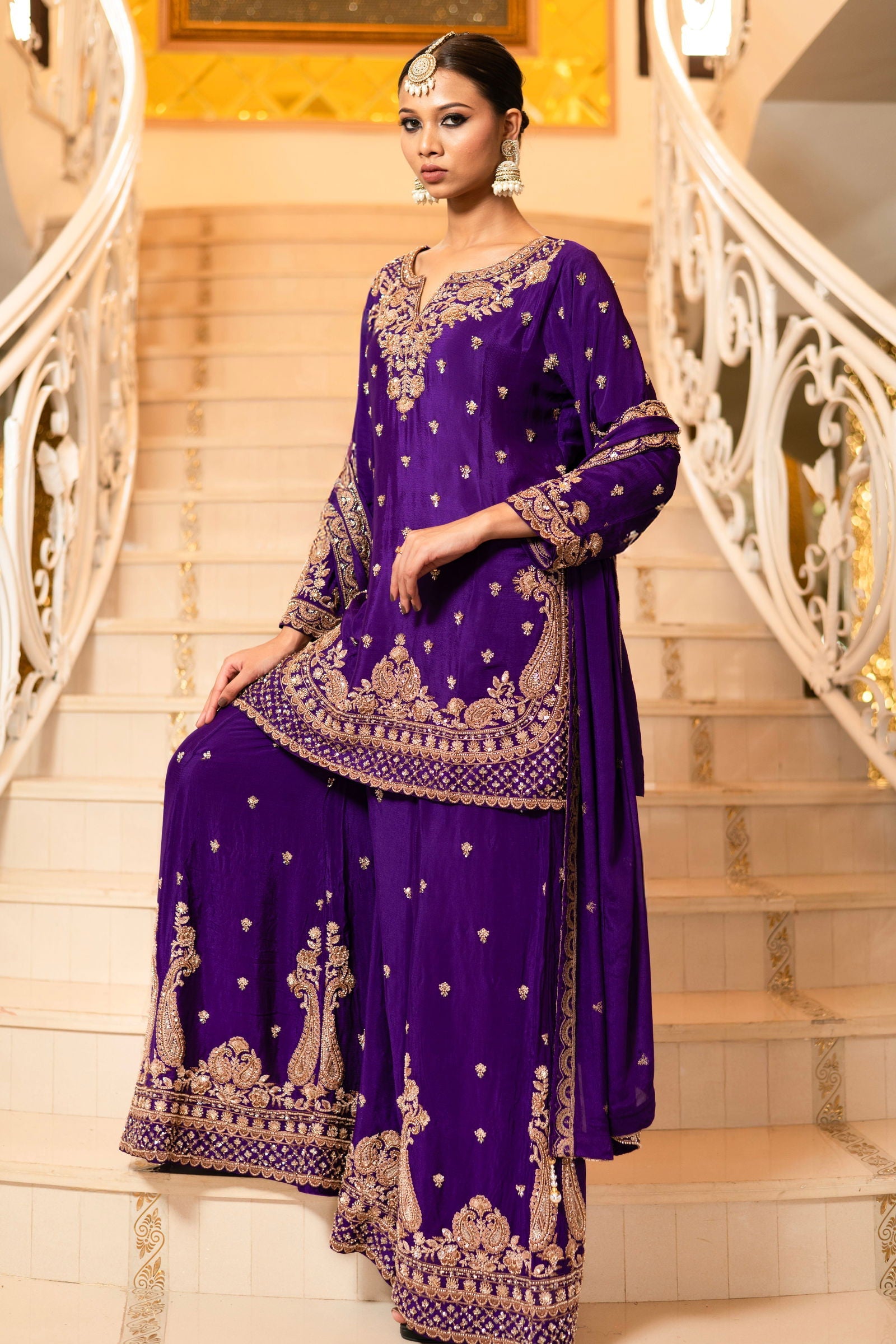 Purple Viscose Silk Detailed Heavy Embroidered Sharara Set - Mayrake.in