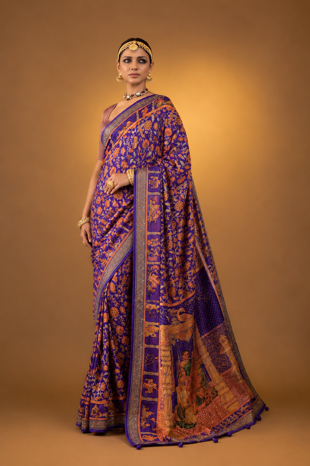 Purple Raw Silk Saree with  Ethnic Heritage Prints