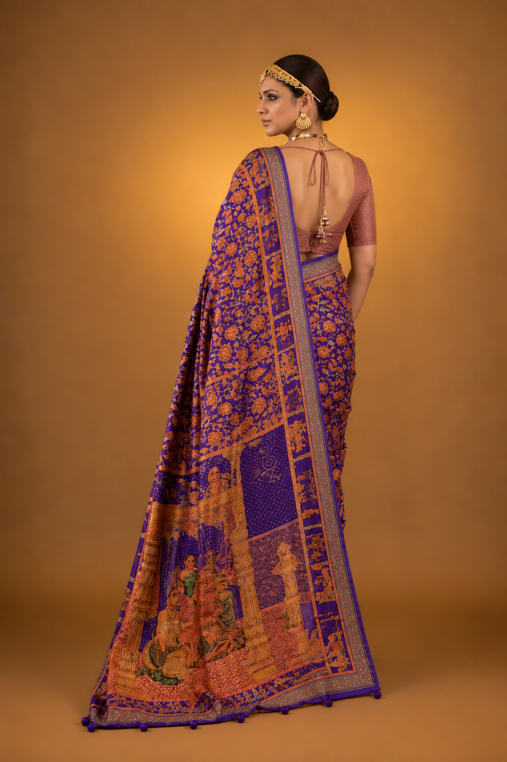 Purple Raw Silk Saree with  Ethnic Heritage Prints