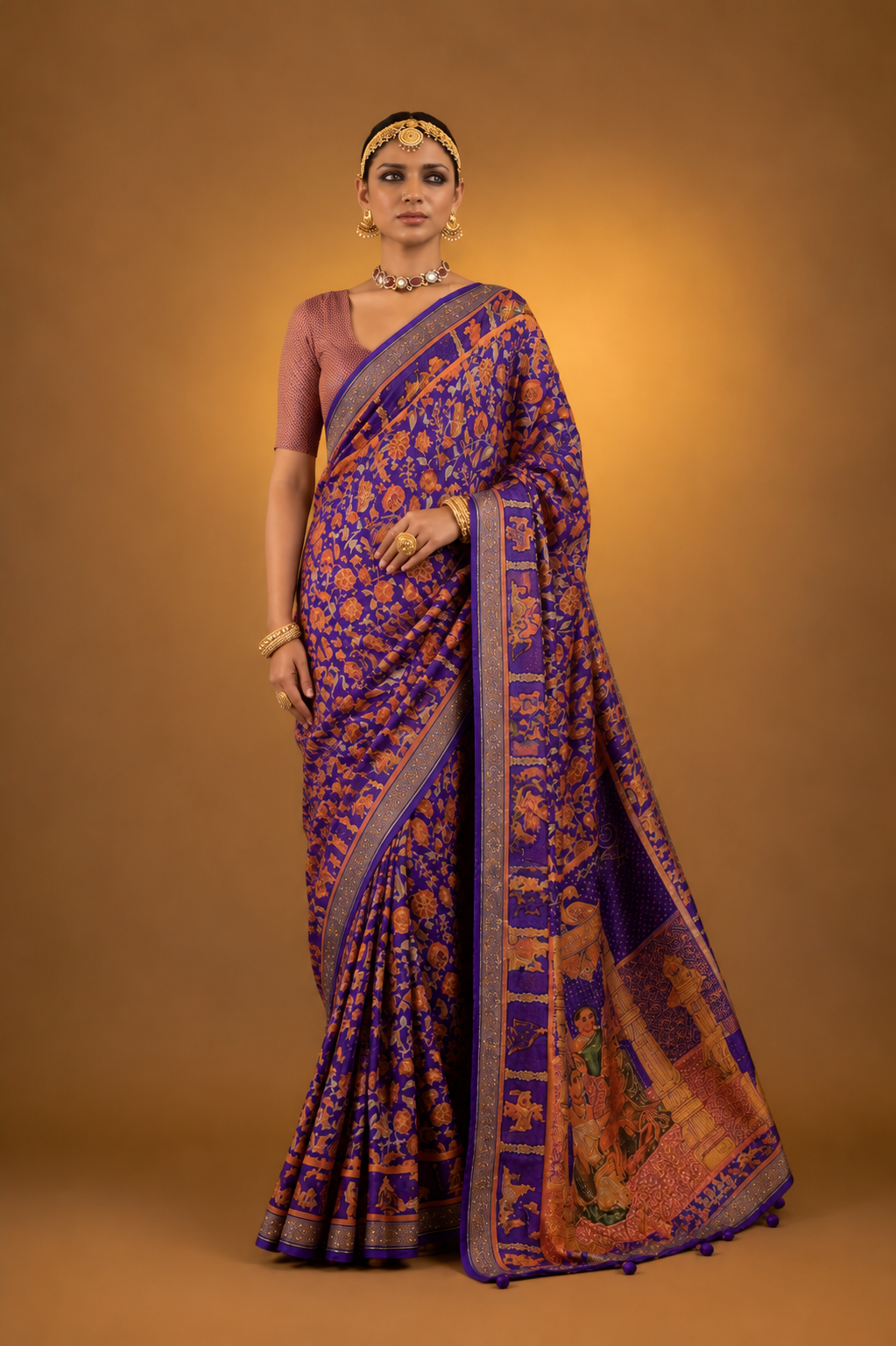Purple Raw Silk Saree with  Ethnic Heritage Prints