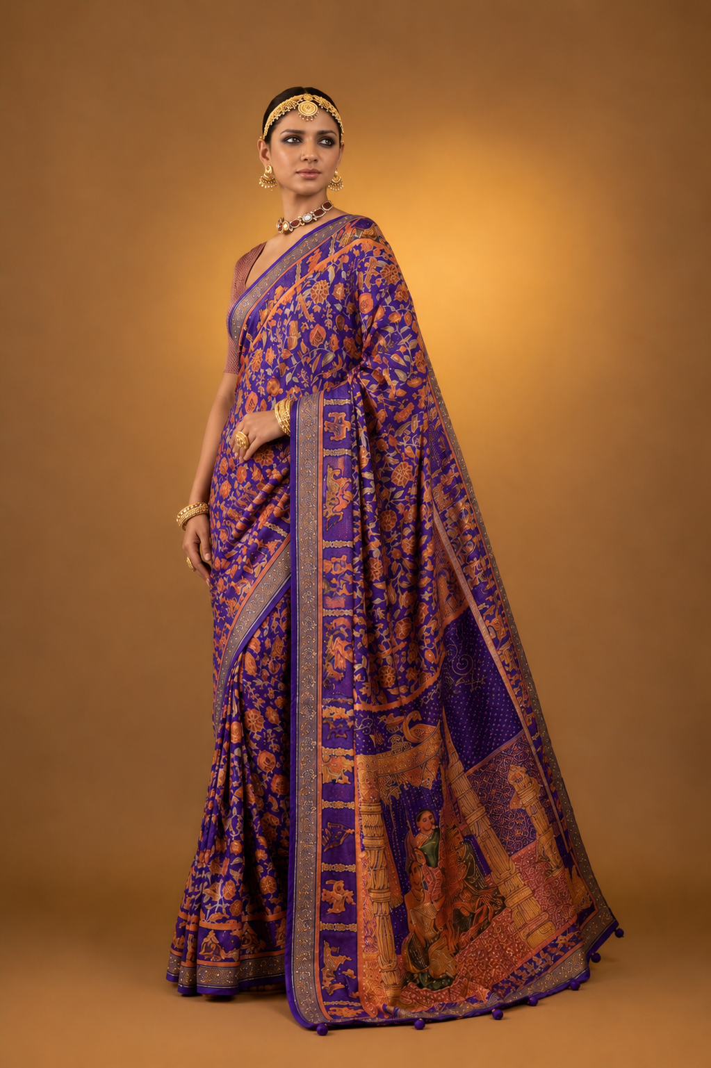Purple Raw Silk Saree with  Ethnic Heritage Prints