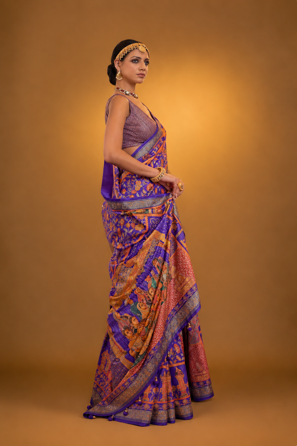 Purple Raw Silk Saree with  Ethnic Heritage Prints