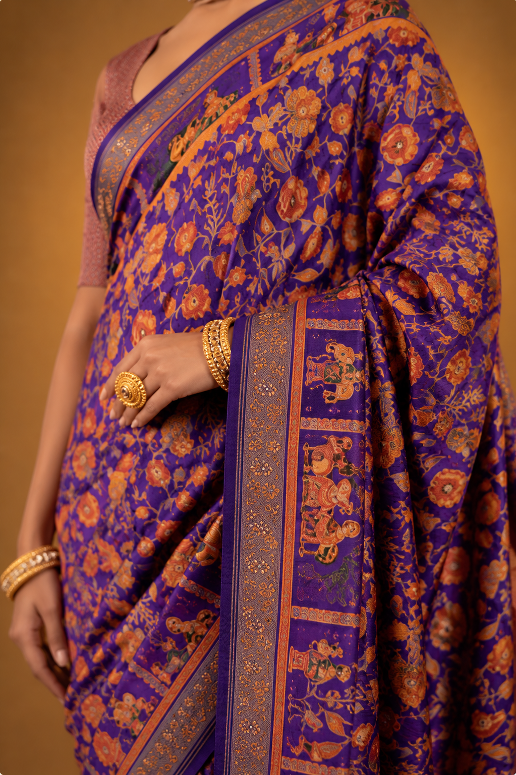 Purple Raw Silk Saree with  Ethnic Heritage Prints