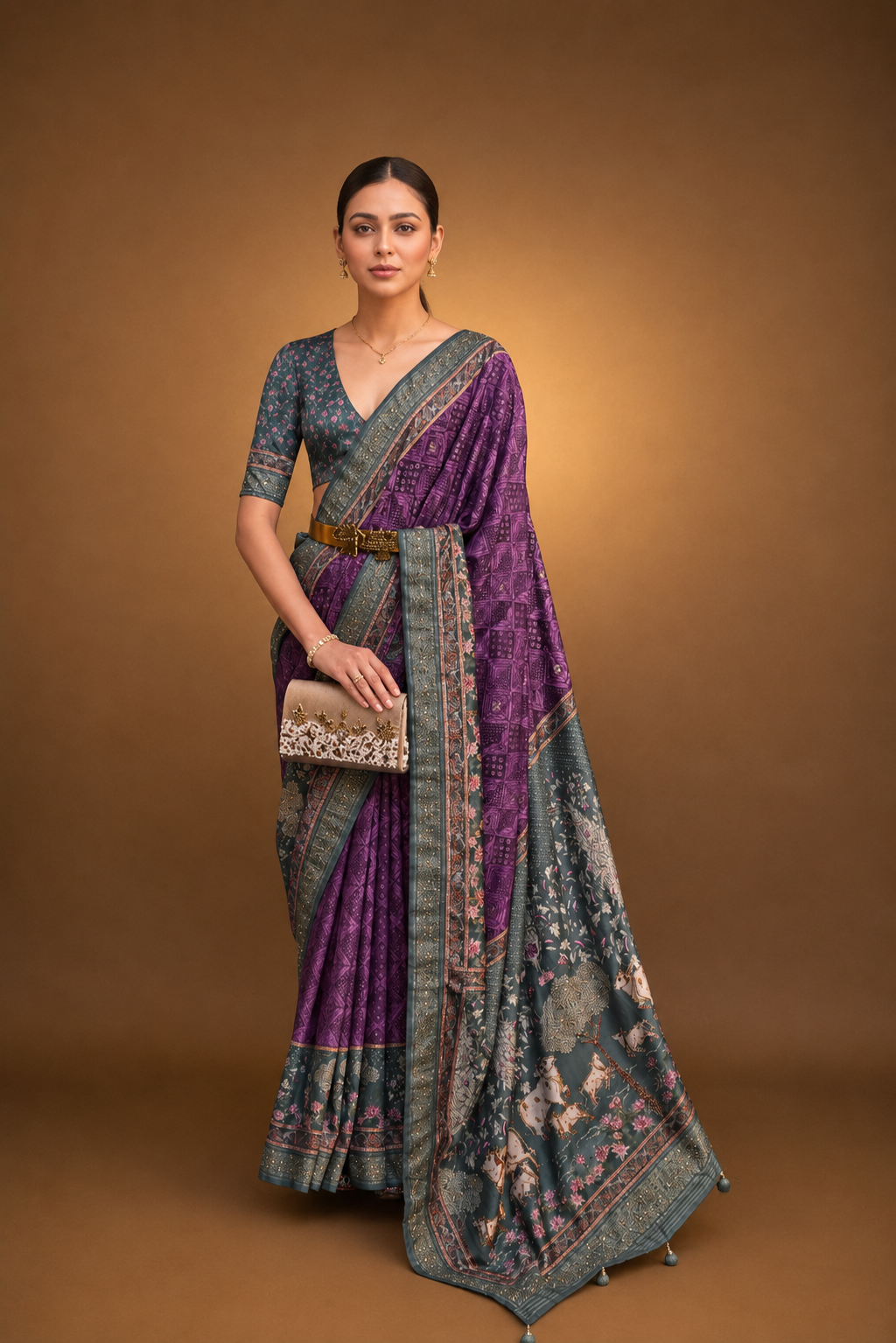 Purple Raw Silk Saree with Regal Bovine Motifs