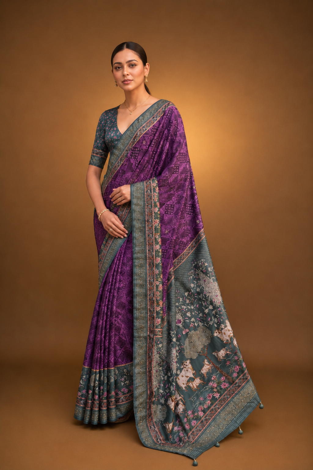 Purple Raw Silk Saree with Regal Bovine Motifs
