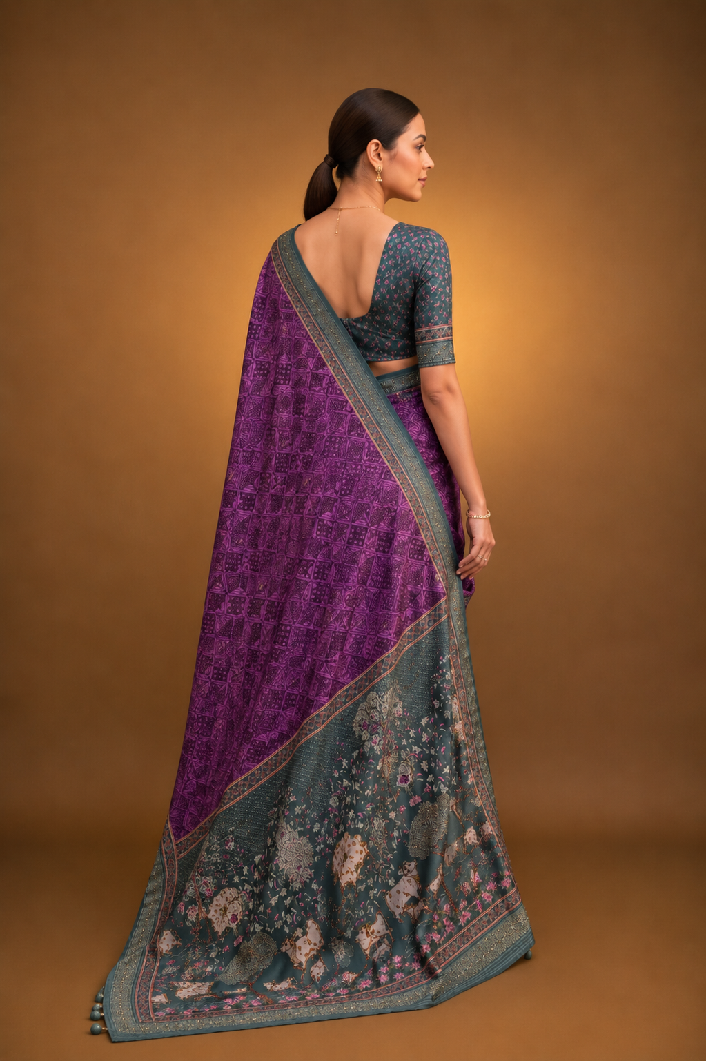 Purple Raw Silk Saree with Regal Bovine Motifs