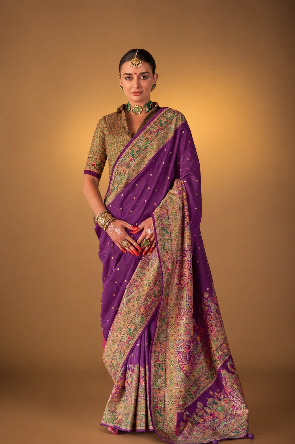 Purple Raw Silk Saree with Heritage Prints