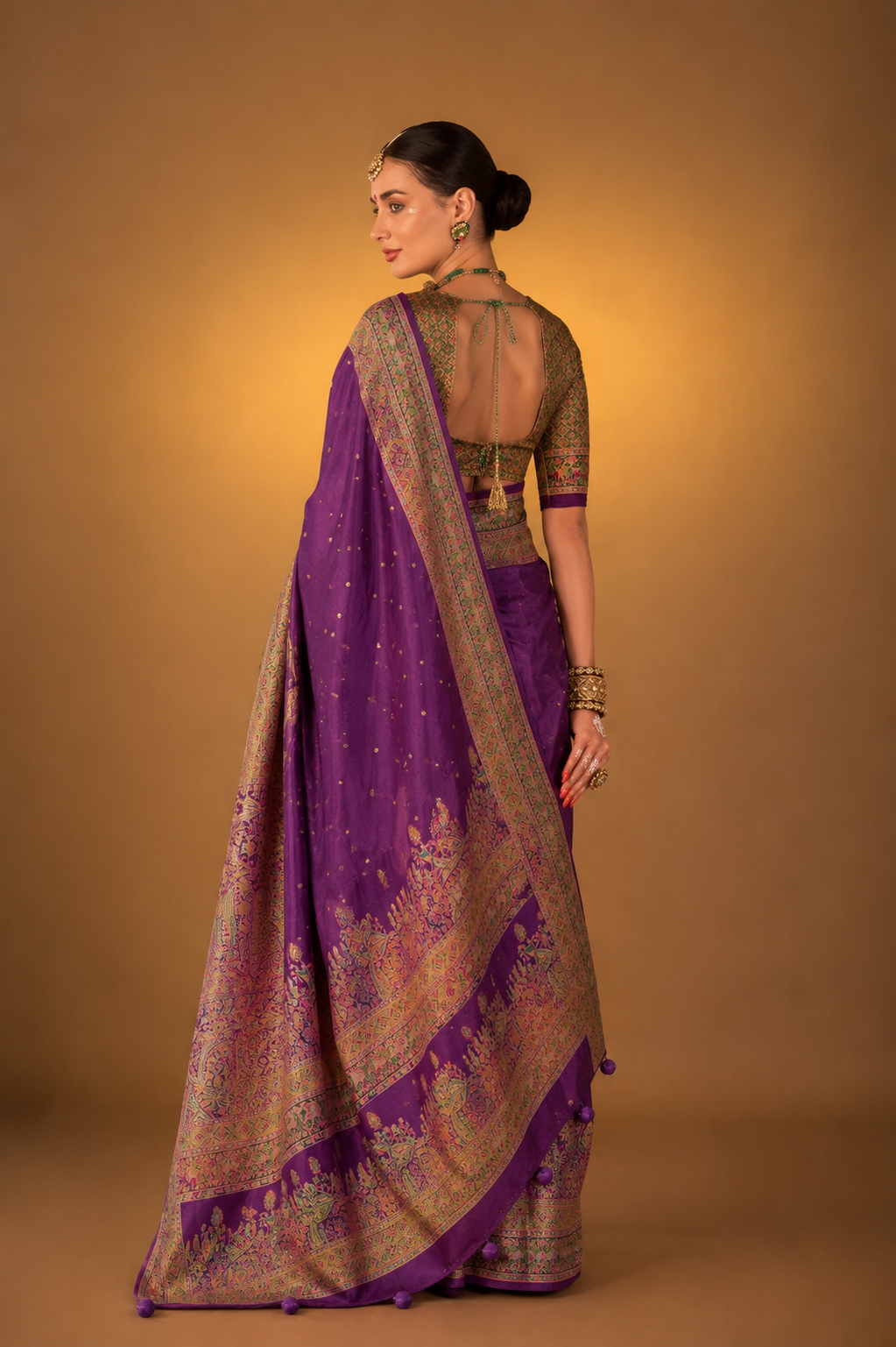 Purple Raw Silk Saree with Heritage Prints