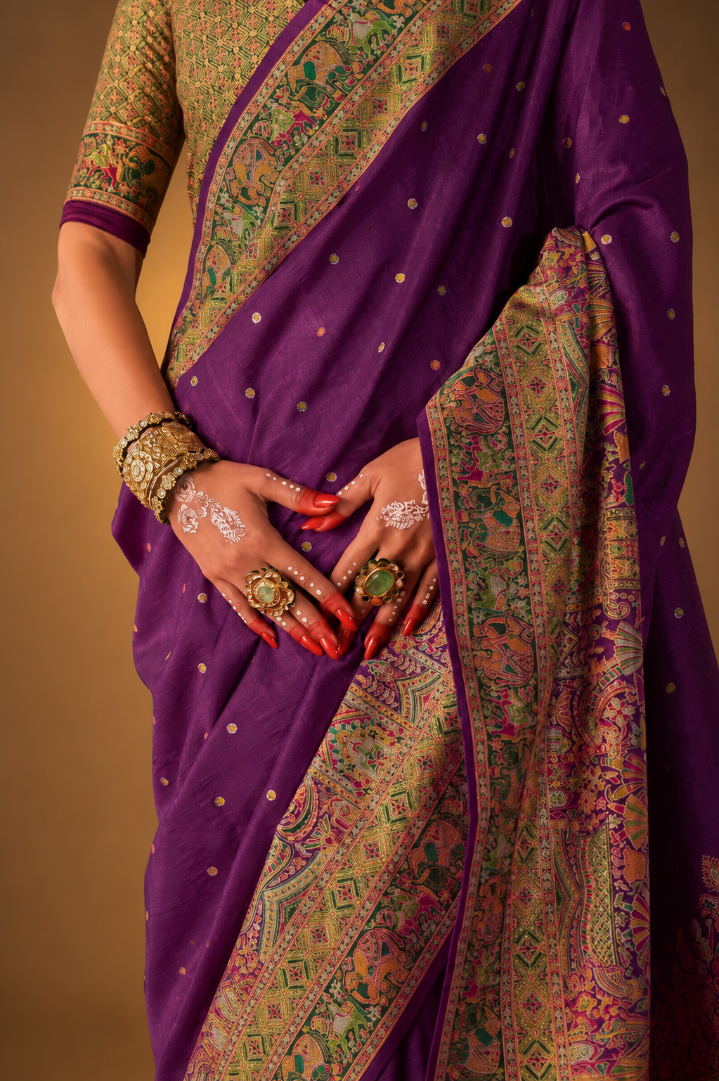 Purple Raw Silk Saree with Heritage Prints