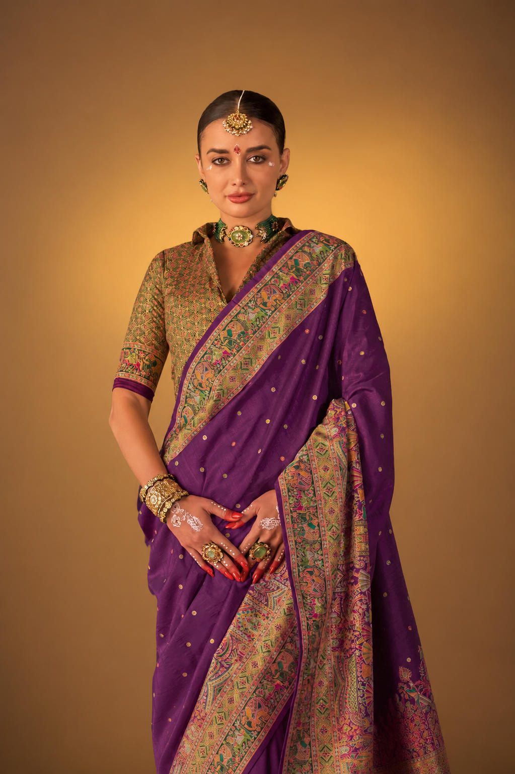 Purple Raw Silk Saree with Heritage Prints