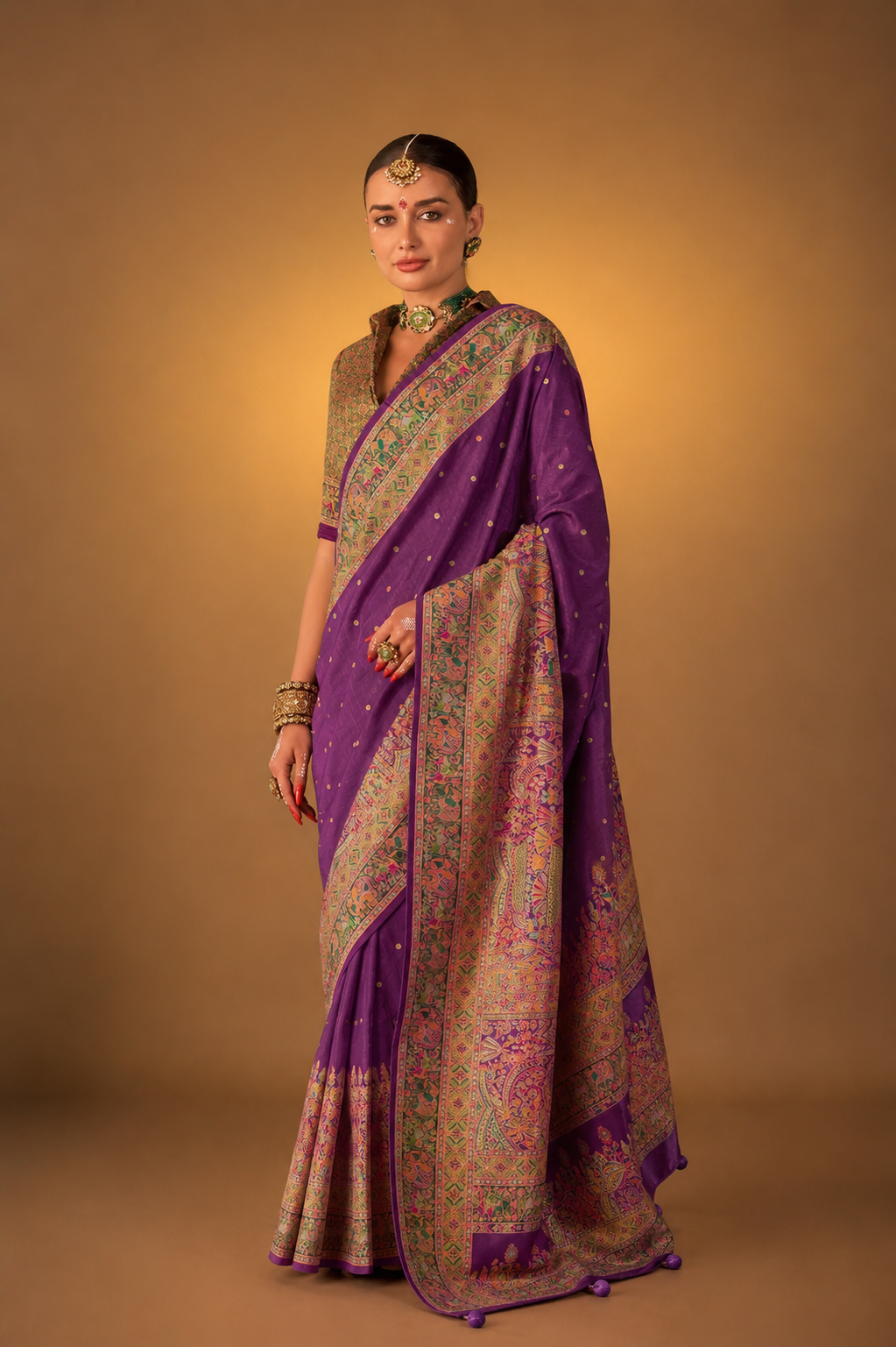 Purple Raw Silk Saree with Heritage Prints
