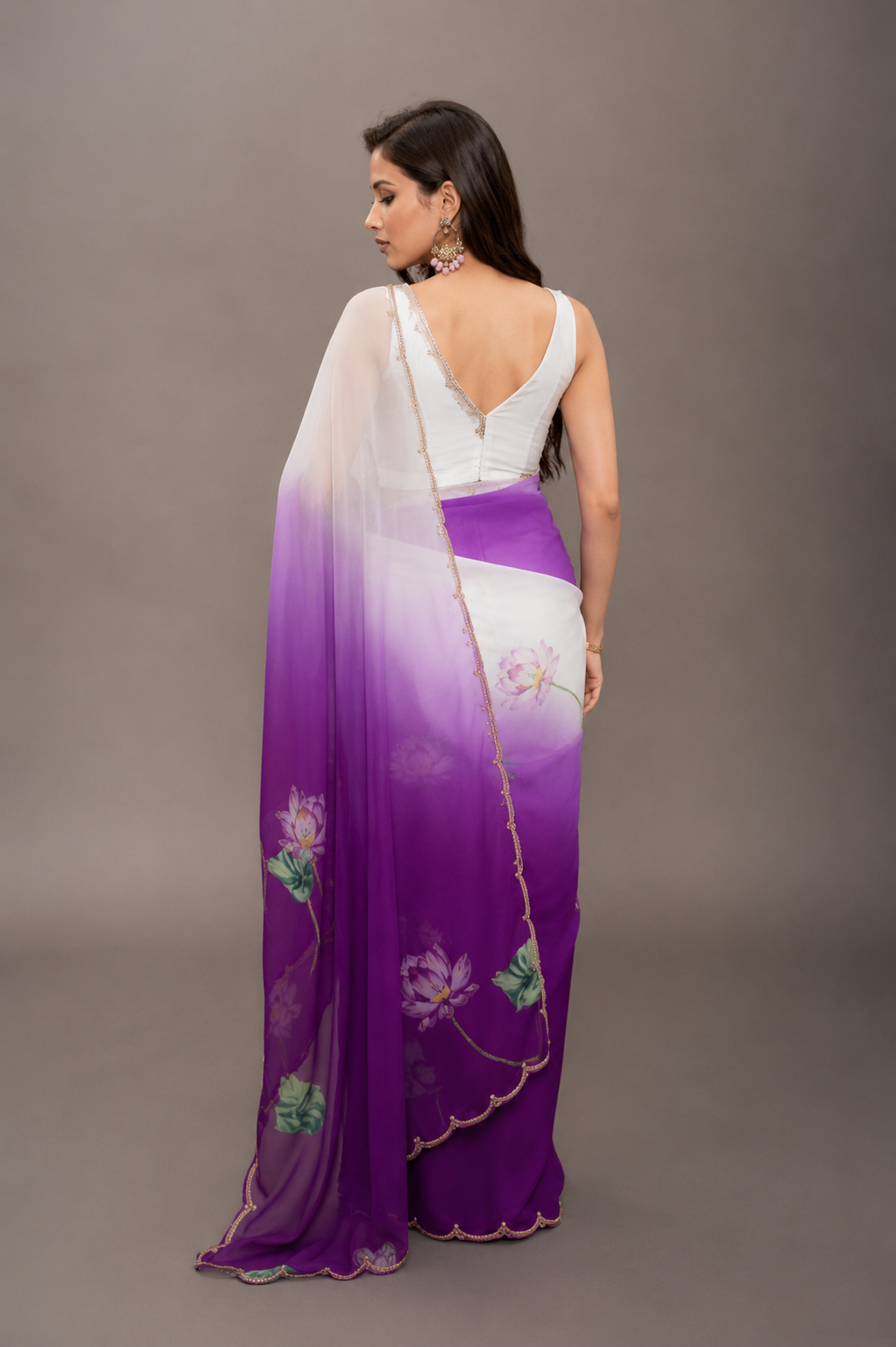 Dark Purple Tebi Twin Silk Saree with Floral Digital Print & Moti Handwork Border
