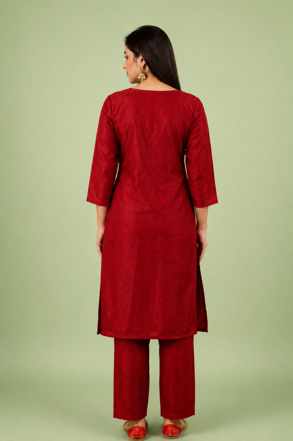 Crimson Silk Kurta Set with Multicolor Floral Embroidery & Thread Work Detailing