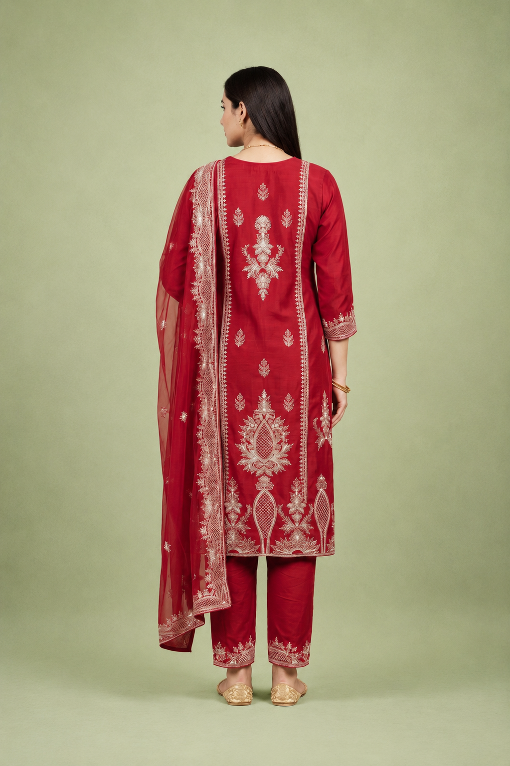 Red Silk Kurta Set with White Lucknowi Embroidery & Intricate Thread Work