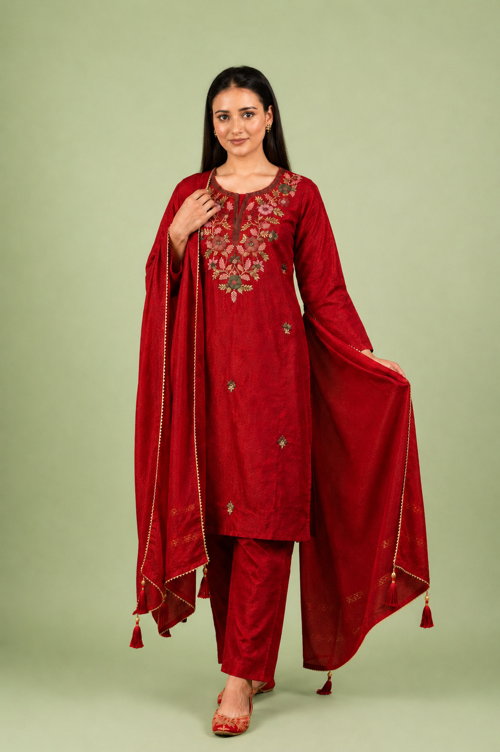 Crimson Silk Kurta Set with Multicolor Floral Embroidery & Thread Work Detailing