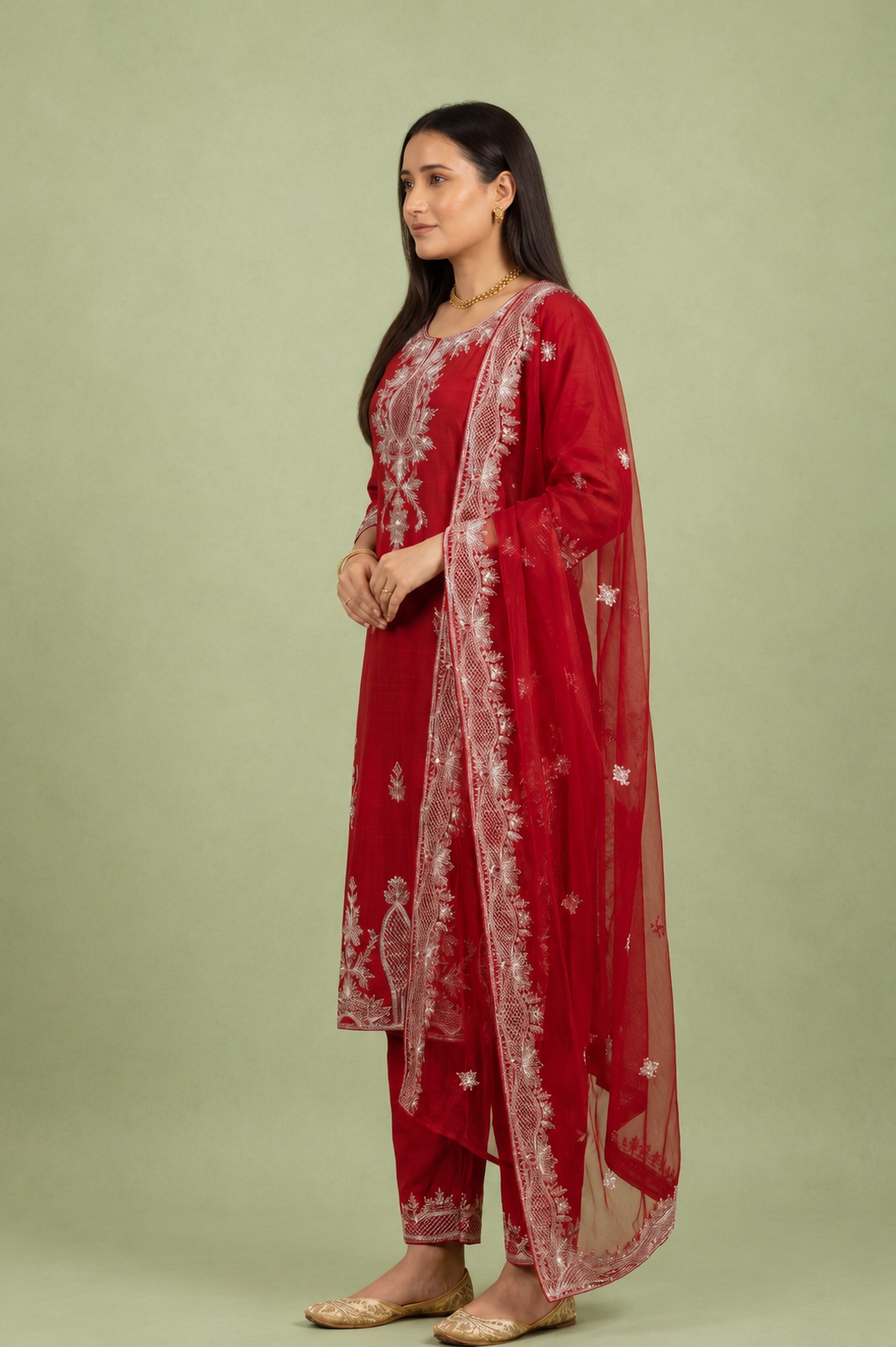 Red Silk Kurta Set with White Lucknowi Embroidery & Intricate Thread Work